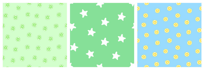 Kid's seamless pattern. Lime, stars, lemon slice. Fashion print. Design elements for baby textile or clothes. Hand drawn doodle repeating delicacies. Wallpaper for children