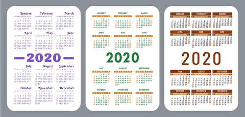2020 year. Pocket calendar set. Vector design collection. Color English calender. Basic template for print. Week starts on Sunday