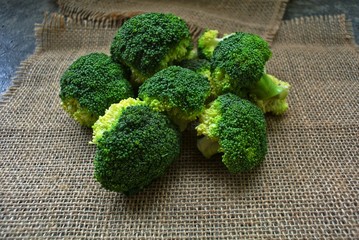 Fresh green broccoli on a sackcloth background