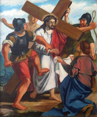 Obraz premium 6th Stations of the Cross, Veronica wipes the face of Jesus, church of St. Agatha in Schmerlenbach, Germany