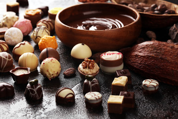 Obraz na płótnie Canvas a lot of variety chocolate pralines, belgian confectionery gourmet chocolate on rustic dark background