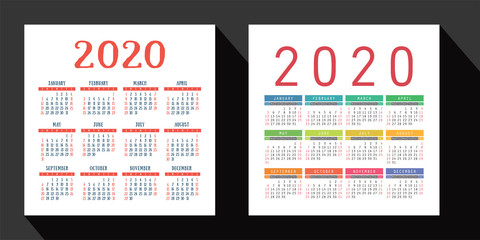 Calendar 2020 year set. Vector design template. English square pocket calender. Week starts on Sunday