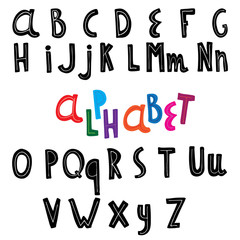 Handdrawn vector english alphabet with lines. Latin, roman letters. Cut out, childish, handmade style. Castomized colors. For banners, quotes, advertising, text, posters, greeting cards, invitations. 