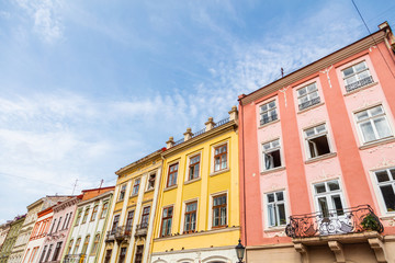 Fototapeta na wymiar Closeup of buildings on Market square in Lviv, Ukraine