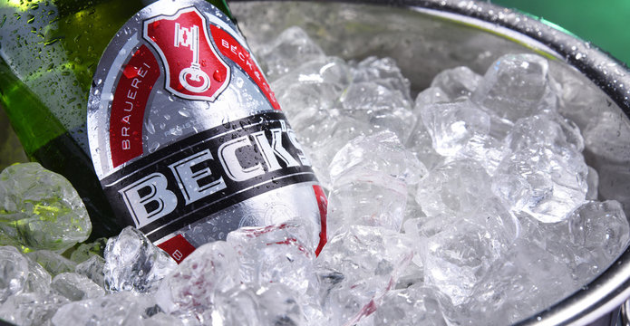 Bottle of Beck's beer in bucket with crushed ice