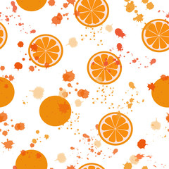  Seamless pattern: isolated oranges, orange slices and orange blots on a white background. Flat vector. Illustration. Can be used as a print on fabric.
