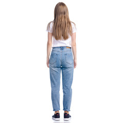 Woman in jeans casual clothing standing looking on white background isolation, back view