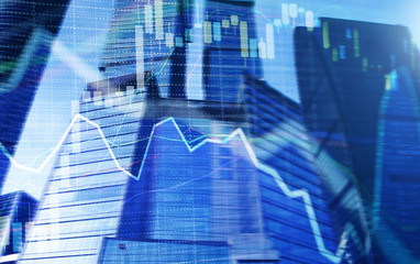 Investment and banking concept. Trading candlestick chart on city background.