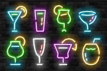 Vector set of realistic isolated neon sign of Cocktail logo for template decoration and covering on the wall background. Concept of free drinks, happy hour and night club.