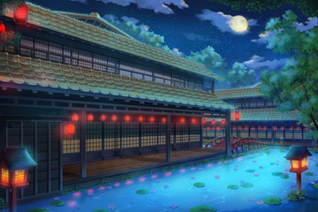 Naklejka premium Fantasy Traditional Japanese House - Night