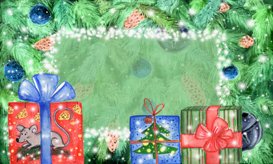 Happy New Year 2020 and Merry Christmas card. Hand-drawn watercolor  gift boxes, grey rat, mouse, present boxes, Christmas decoration on fir tree branches background. Empty space for text.