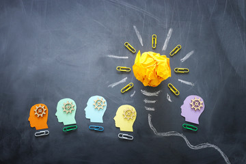 Education concept image. Creative idea and innovation. Crumpled paper as lightbulb metaphor over blackboard