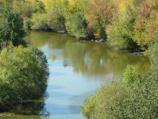The river is wide. On the edges on both sides are green trees.