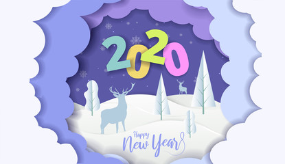 2020 New Year design card with  blue sky background with clouds. Vector paper art illustration. Paper cut and craft style.