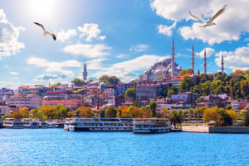 Fototapeta premium Meczet Sulejmana Wspaniałego, piękny widok z zatoki Złoty Róg, Istambuł, Turcja