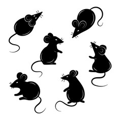 Set of mice on a white background. Collection of mouse silhouettes. Vector illustration.