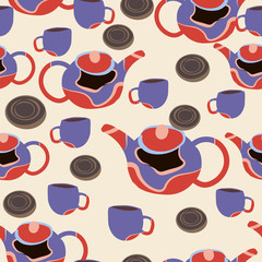 Seamless pattern with cups, teapot and cookies. Tea coffee.