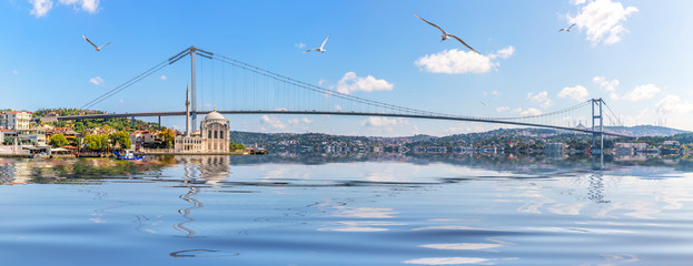Fototapeta premium Ortakoy Mosque and Bosphorus Bridge, Istanbul panorama, Turkey