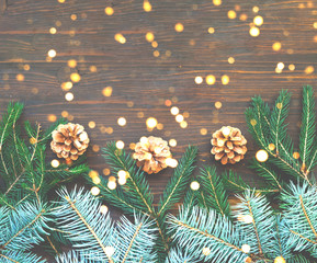 Christmas fir branches and pine cones on natural wooden board