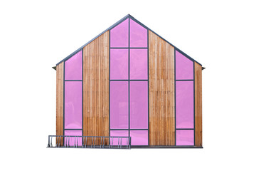small wooden house isolated with large pink windows on white background