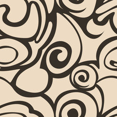 Beige pattern from waves of flourishes and abstract shapes on a dark background.