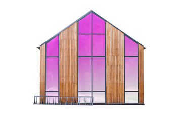 small wooden house isolated with large pink windows on white background