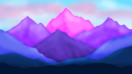Colorful mountains landscape digital background. Design for cards, paper, covers, posters, flyers, fabric and websites. Travel background. Goal achievement concept.
