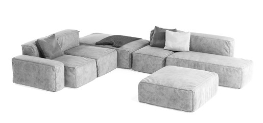Modern gray modular sofa with pillows and plaid isolated on white background. Furniture, interior...