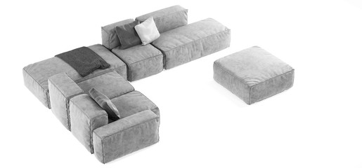 Modern gray modular sofa with pillows and plaid isolated on white background. Furniture, interior object, stylish sofa. High tech style, subject for minimalistic interior design