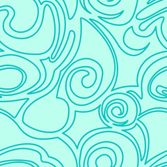 turquoise seamless pattern of waves and abstract shapes in a linear style for printing on fabric and wrapping paper.