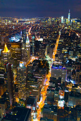 Night panorama of Manhattan in New York City taken from above