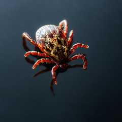 Encephalitis Virus or Lyme Borreliosis Disease or Monkey Fever Infectious Dermacentor Tick Arachnid Parasite Insect on Dark Background Macro