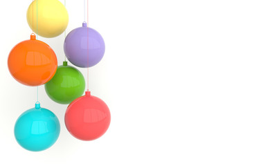 Merry Christmas and Happy New Year 3d render illustration card with colorful plastic xmas balls. Winter decoration, minimal design