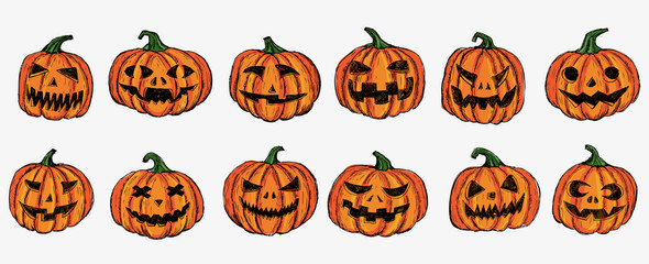 Halloween pumpkin set. Hand drawn illustration.