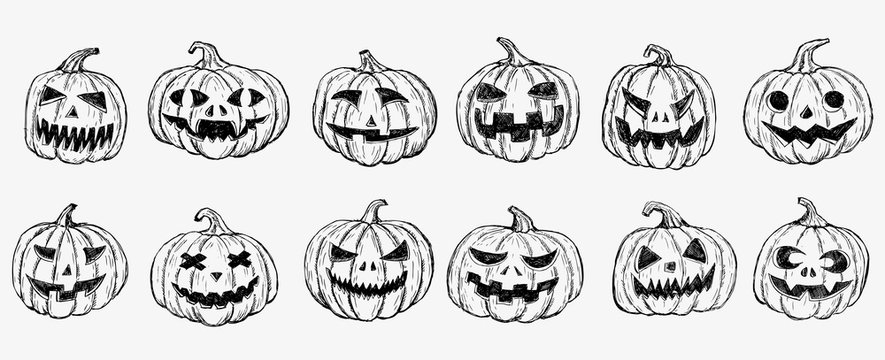 Halloween pumpkin set. Hand drawn illustration.