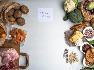 Super food rich in amino acids, for body builders with lean meat, dairy products, spinach, mint, vegetables, beans, salmon fish and vitamin pills on green wood background.