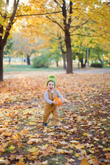 cute happy little boy throwing the fallen leaves up, playing in the autumn park with pumpkin