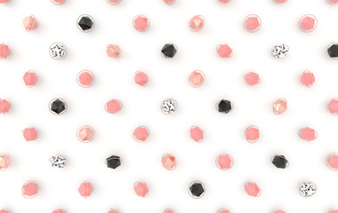 Abstract geometric shapes. Computer generated minimalistic background with colorful icosahedrons, golden rings. 3d rendering design for for trendy designs