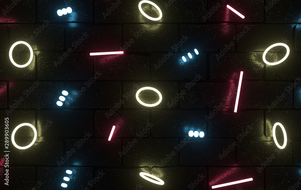 Poster computer generated minimalistic background with glowing neon cylinder, ring shapes. abstract geometr