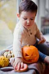 cute little boy eat gingerbread cookies with icing for Halloween