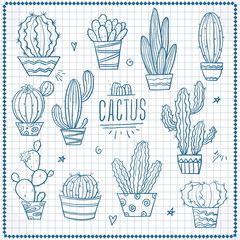 Set of cacti doodle hand drawn