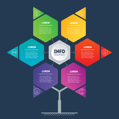 Business presentation or infographics concept looks like Star, with 6 options. Template of development tree. Info graphic of technology or education process with six steps and icons. Hexagon.