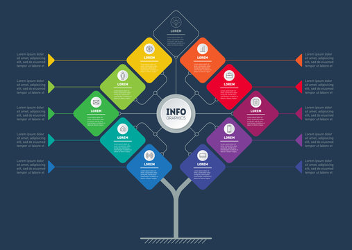Business presentation concept with 10 or 11 options. Template of chart or diagram. Vector infographic of technology or education process with ten steps.