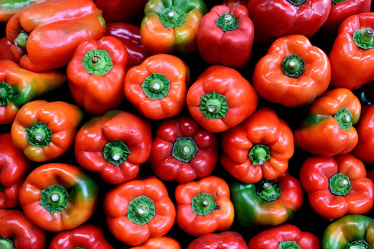 Colombian Red Bell Peppers, full frame view of raw freshly harvested red bell peppers in Colombia, South America