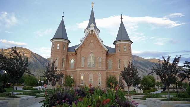 Beautiful brick religious building on a warm bright summer day located in Provo, Utah
