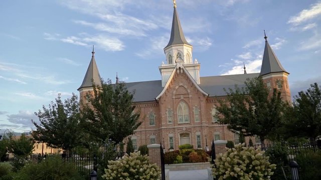 Beautiful brick religious building on a warm bright summer day located in Provo, Utah