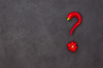 Abstract picture of tomato and pepper in the shape of a question mark. Black background. There is a place for text