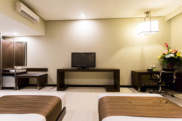 Modern interior with TV, backdrop, table, chair stylish minimalist home hotel apartment