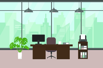 Fototapeta premium Modern office with big window, furniture and plant on the floor. Workplace in big modern city. Interior vector illustration.