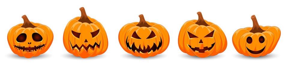 Set pumpkin on white background. The main symbol of the Happy Halloween holiday. Orange pumpkin with smile for your design for the holiday Halloween. Vector illustration.